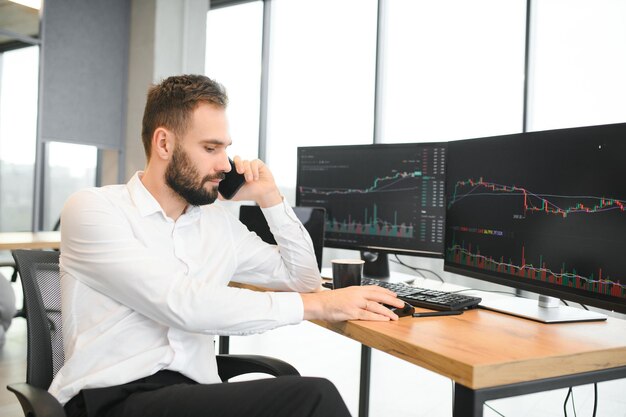 Financial Analysts and Day Traders Working on a Computers with MultiMonitor Workstations with RealTime Stocks Commodities and Exchange Market Charts