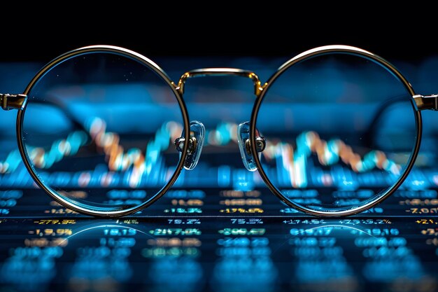 Financial Analytics Concept with Eyeglasses on Digital Stock Market Data Display for Business Insights