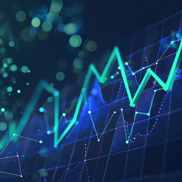 Financial chart close up with upward trend line candlestick chart in stock market on blue color