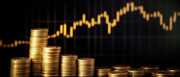 financial chart with uptrend line graph of stock market and stack of coins background