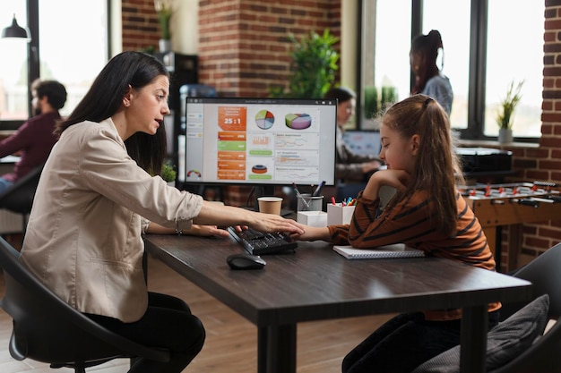 Financial company businesswoman bothered by annoying little girl pressing keyboard keys. Young annoying daughter disturbing busy working mother while in financial analysis workplace.