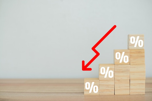 Financial crisis concept Wooden block signs and symbols on white background with percentage sign loss of income capital lost cost reduction declining chart down profit