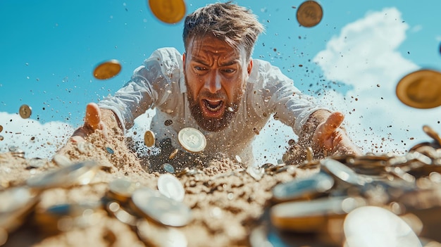 Financial Crisis Escape Man Sinking in Coin Quicksand Symbolizing Money Troubles