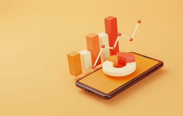 Financial data analysis and business growth with pie chart and bar graph smartphone