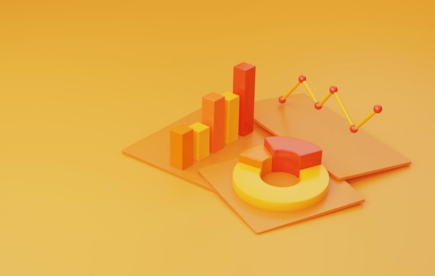 Financial data analysis and business growth with pie chart and bar graph on yellow background