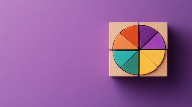 Financial Distribution Analysis Concept with Wooden Blocks Pie Chart on Purple Background High Quality Flat Lay Image