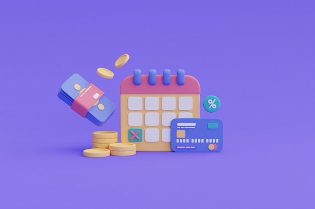 Financial future planning concept,payment deadline, calendar,credit card and coin stack .3d render.