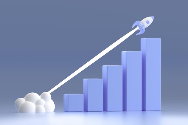 Financial graph on blue background fast growth financial and trading indicators growth at speed of jet rocket Bar chart and growing up 3d illustration