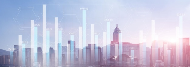 Financial graph diagram trading investment business intelligence concept website panoramic header double exposure modern city view