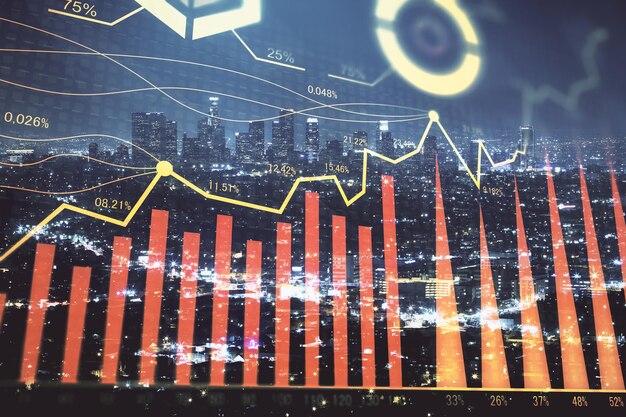 Financial graph on night city scape with tall buildings background multi exposure Analysis concept