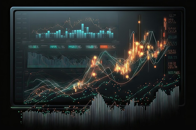 Financial graph with movement of stock indices on monitor of computer investment candlestick graph