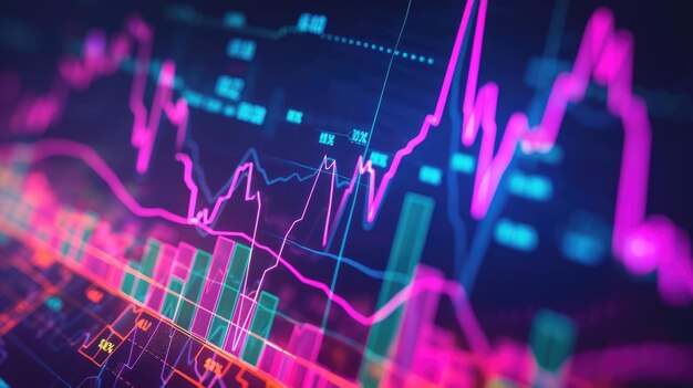 A financial graph with an uptrend line candlestick chart in the stock market on a neon color widescreen background