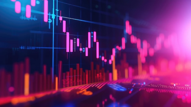 A financial graph with an uptrend line candlestick chart in the stock market on a neon color widescreen background