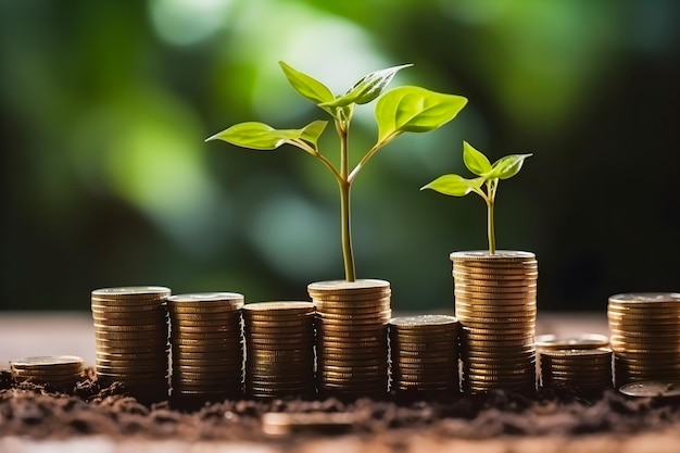 Financial Growth Blooms Seedlings on Stacked Coins a Vibrant Symbol of Investment and Savings