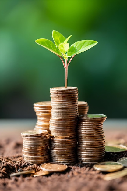 Financial Growth Blooms Seedlings on Stacked Coins a Vibrant Symbol of Investment and Savings