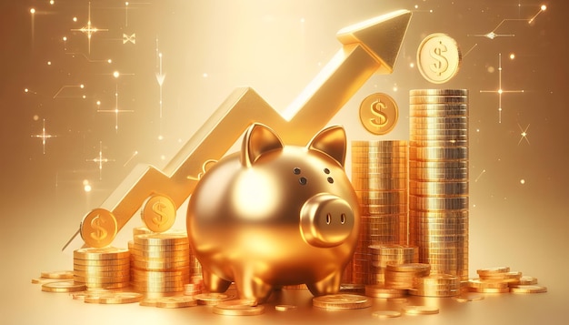 Financial growth concept gold piggy bank and gold coins