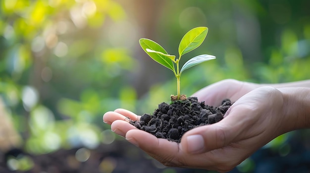 financial growth concept a hand holding a small plant with a green leaf while a white finger is vi