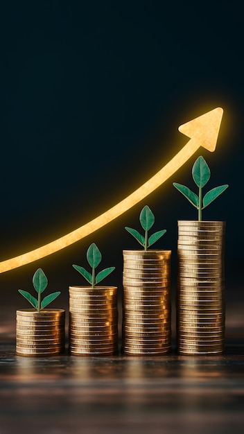 Financial growth symbolized gold coins align with upward arrow trend Vertical Mobile Wallpaper