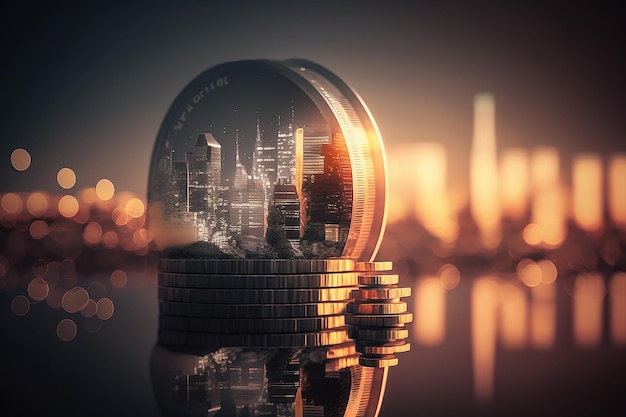 Financial investment concept city night and stack of coins for finance Illustration AI Generative