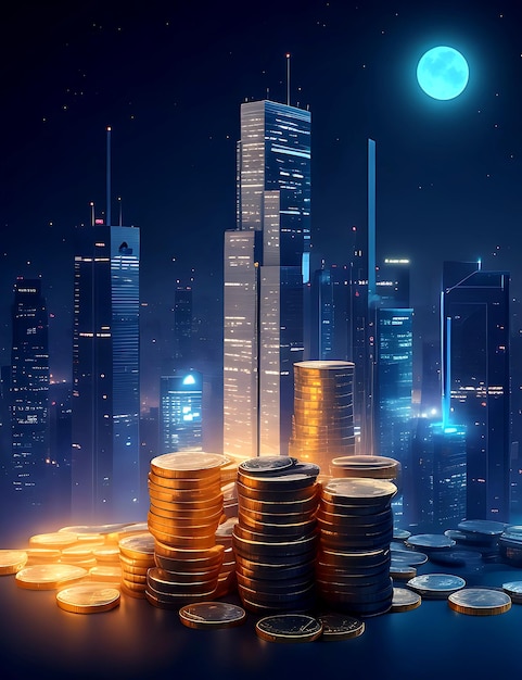 Financial investment concept city night and stack of coins for finance Illustration aiGenerated