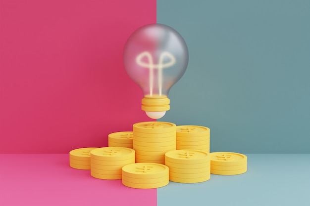 Photo financial investment concept with light bulbs and money on pink and blue background