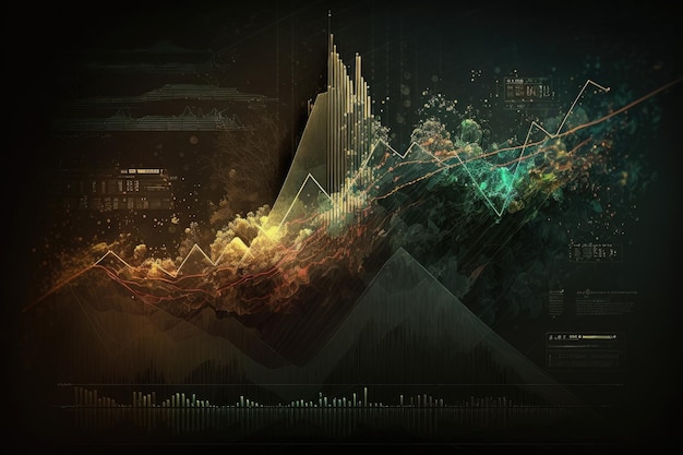 Financial investment graph on dark background double exposure