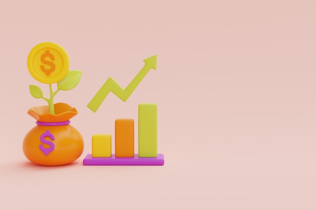 Financial investments future income growth concept with dollar coin bag and plant saving money or interest increasing 3d rendering