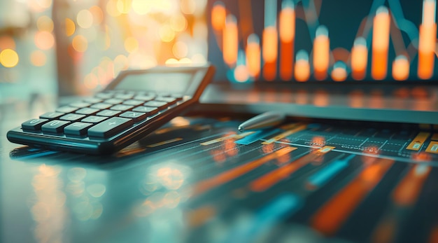 A financial market chart with a pen and calculator on the table in a closeup of a business concept