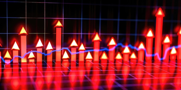 Financial market trends showing upward movement with red and blue indicators in a digital display