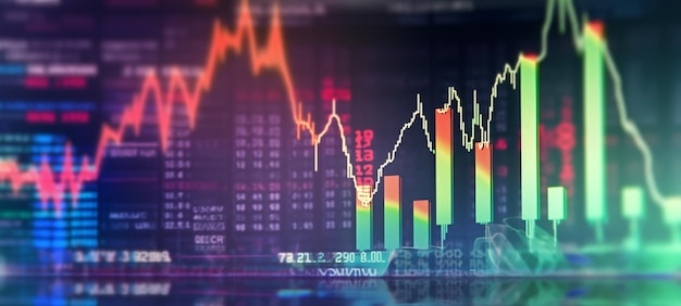 Financial Markets Closeup Double Exposure of Charts Dollar Bills and Candlestick Patterns