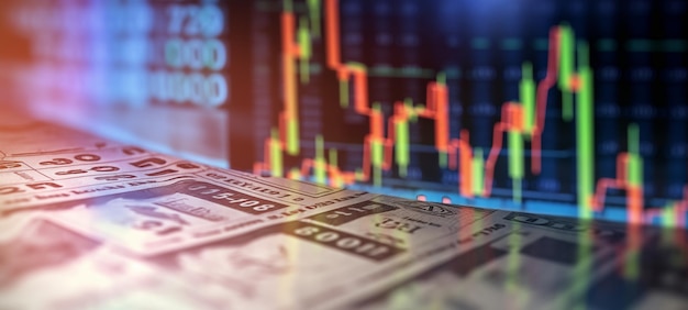 Financial Markets Closeup Double Exposure of Charts Dollar Bills and Candlestick Patterns