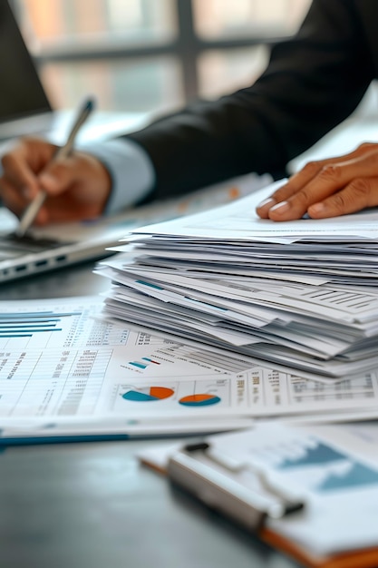 Financial planner with a stack of financial reports on desk