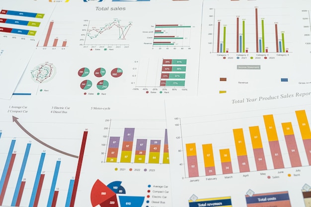 Financial report chart data in office desk