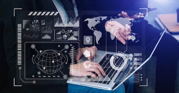 Financial report data of business operations balance sheet and income statement and diagram as Fintech conceptBusiness team meeting digital tablet and computer laptopxA