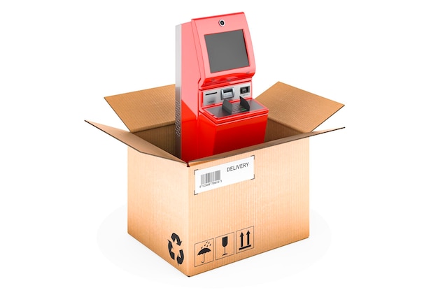 Financial services kiosk inside cardboard box delivery concept 3D rendering