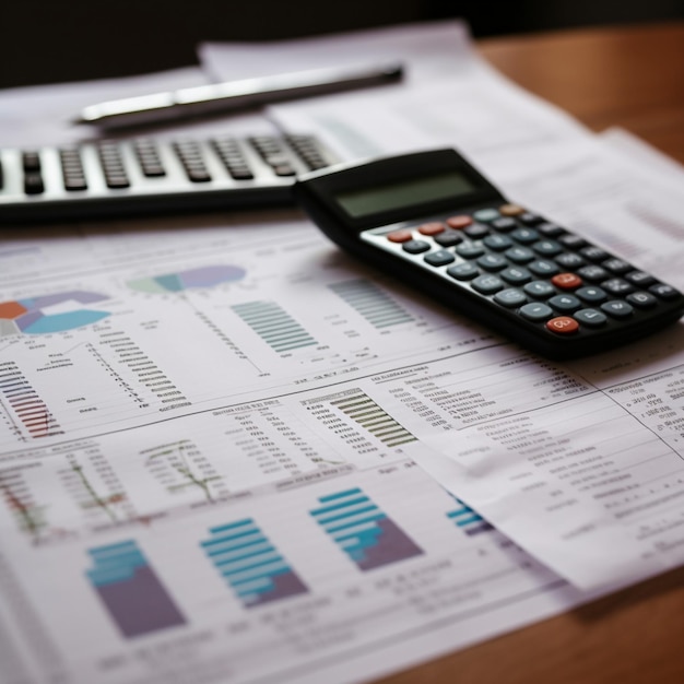 Financial statements and balance sheets with calculator for accounting and financial management