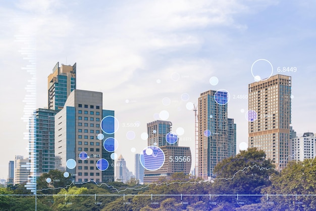 Financial stock chart hologram over panorama city view of Bangkok business center in Southeast Asia The concept of international transactions Double exposure