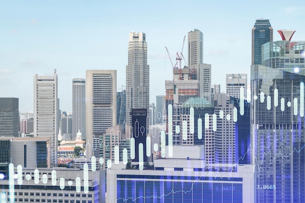 Financial stock chart hologram over panorama city view of Singapore business center in Asia The concept of international transactions Double exposure