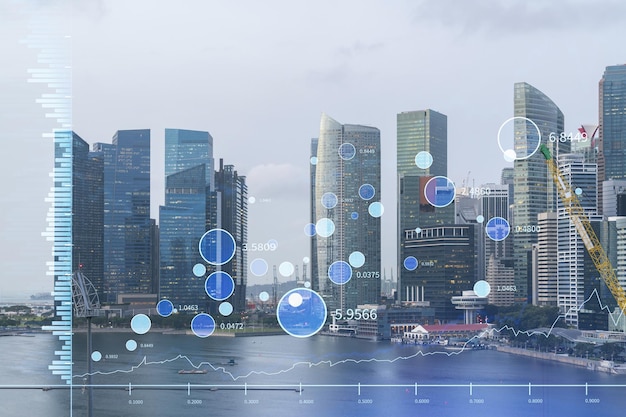 Financial stock chart hologram over panorama city view of Singapore business center in Asia The concept of international transactions Double exposure