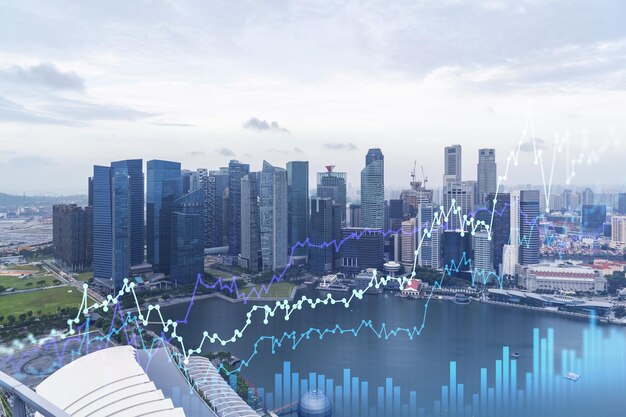 Financial stock chart hologram over panorama city view of Singapore business center in Asia The concept of international transactions Double exposure