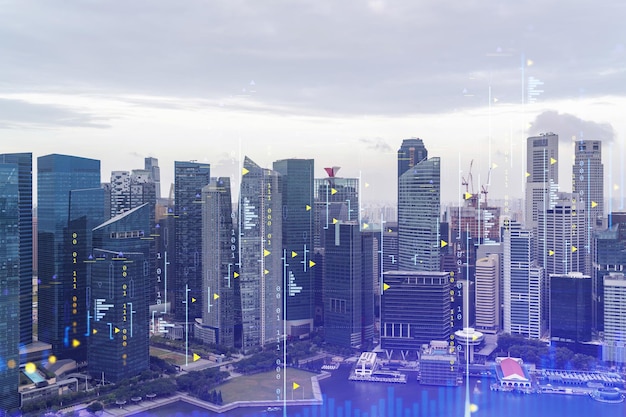 Financial stock chart hologram over panorama city view of Singapore business center in Asia The concept of international transactions Double exposure