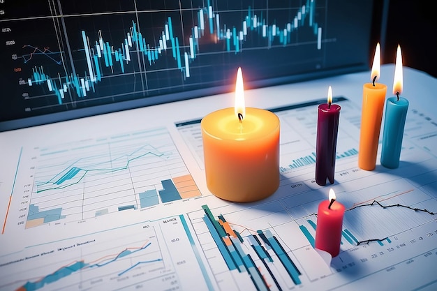 Photo financial stock market graphs candle chart roi return on investment business concept