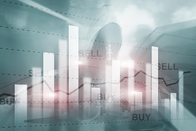 Financial stock trading graph chart diagram business finance concept double exposure mixed media.