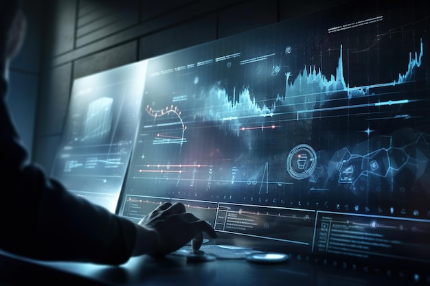 Financial technology KPI Dashboard on virtual screen Big data analytics visualization technology scientist analyzing information structure for business finance internet of things iot