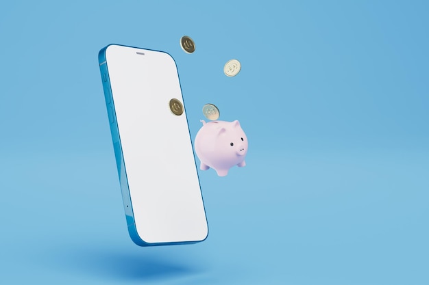 Financial transactions on the Internet smartphone and piggy bank with coins on a blue background