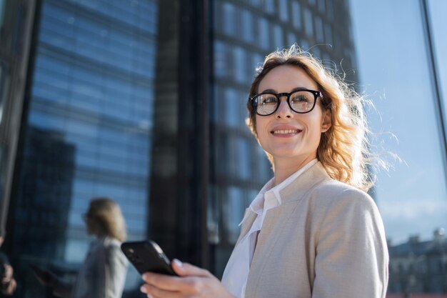 Financier woman glasses portrait work office looking