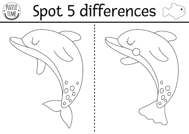 Photo find differences game for children under the sea black and white educational activity with cute dolphin ocean life line puzzle for kids with water animal underwater printable coloring pagexa