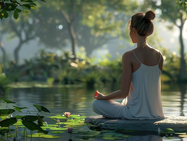 Find Inner Peace and Tranquility in Nature Woman Meditating by a Serene Lake Surrounded by Lush