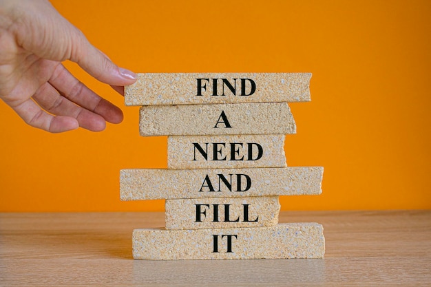 Find a need and fill it symbol Concept words Find a need and fill it on brick blocks