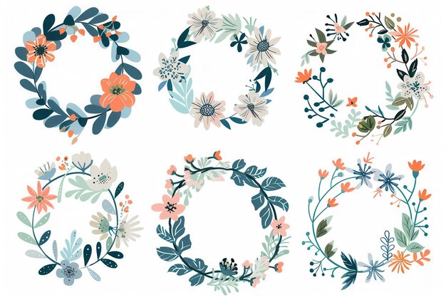 Find six styles of floral wreaths with delicate flowers and leaves for adding beauty and festivity to wedding invitations and events Generative AI